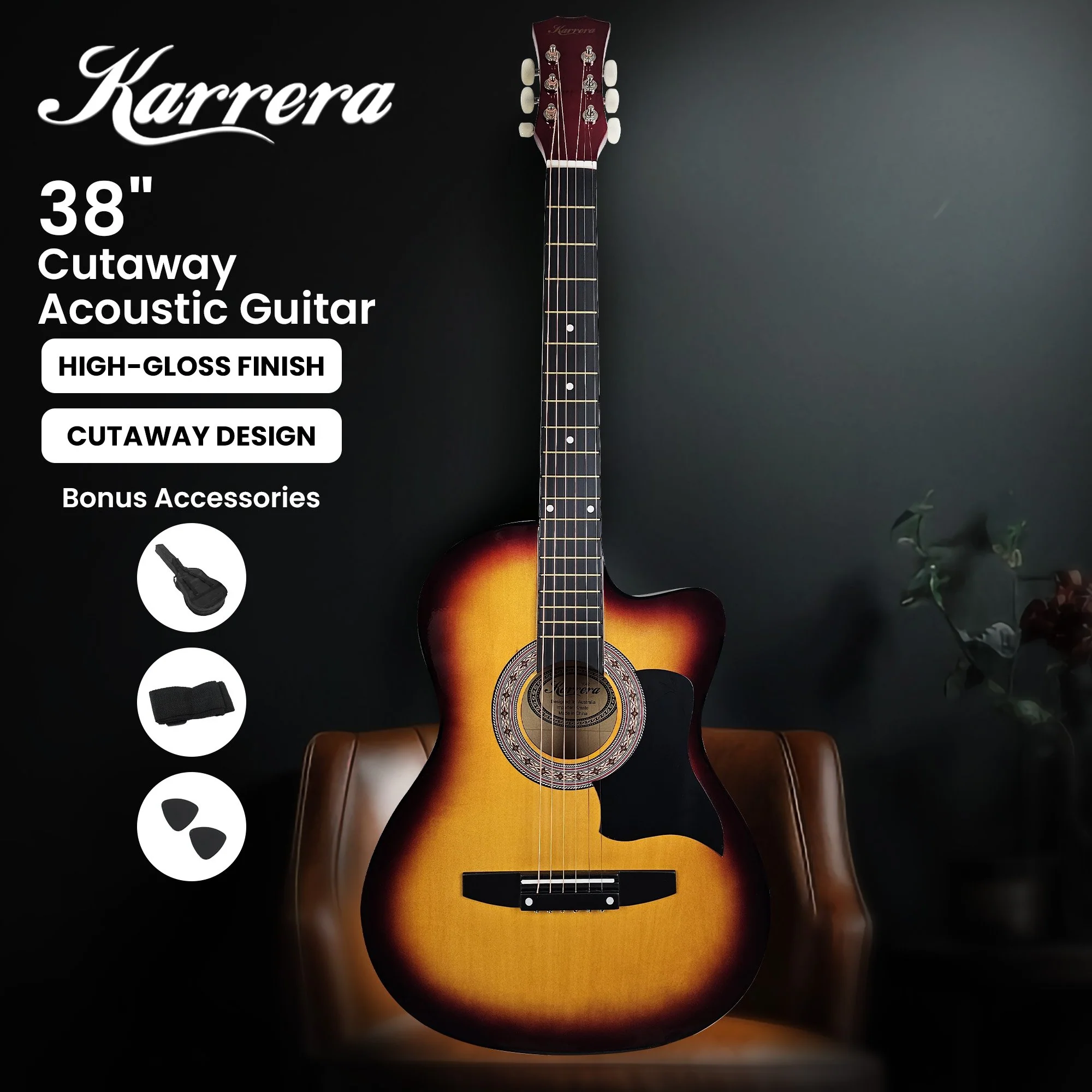 38in Karrera Acoustic Guitar Steel Strings Carry Bag Shoulder Strap Sun Burst - Image 10