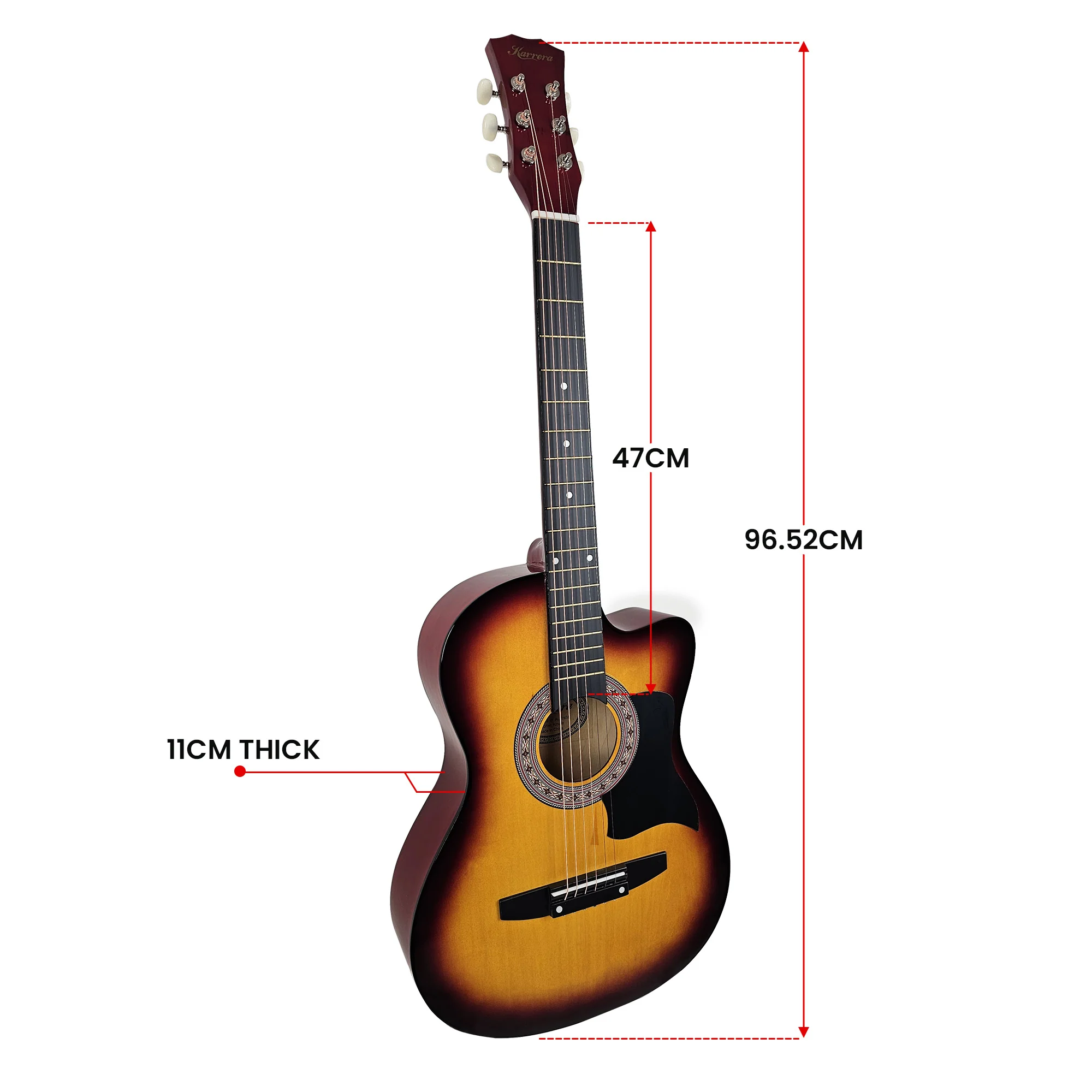 38in Karrera Acoustic Guitar Steel Strings Carry Bag Shoulder Strap Sun Burst - Image 3