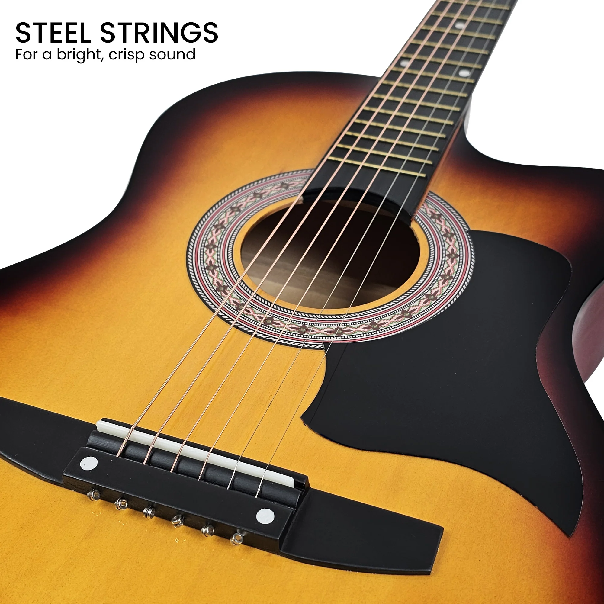 38in Karrera Acoustic Guitar Steel Strings Carry Bag Shoulder Strap Sun Burst - Image 6