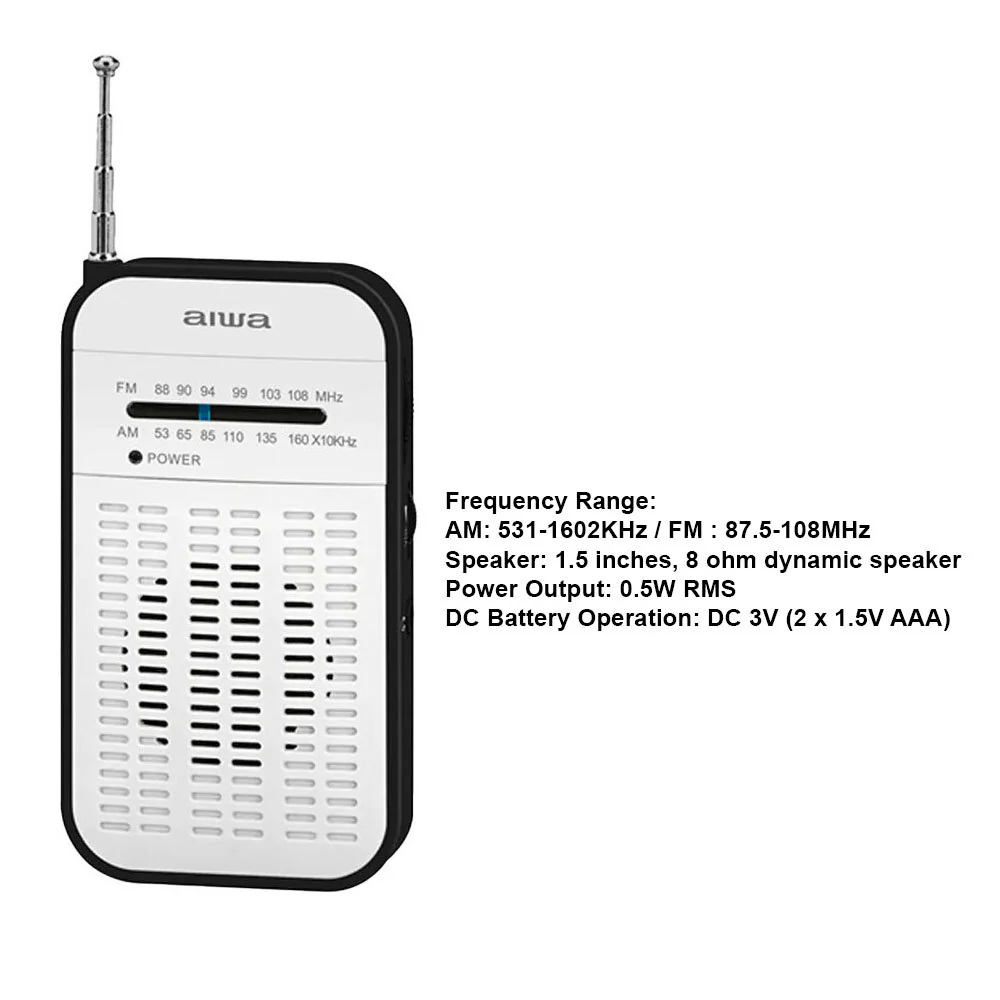 Aiwa Portable Handheld AM/FM AAA Battery Radio (White) - Image 2