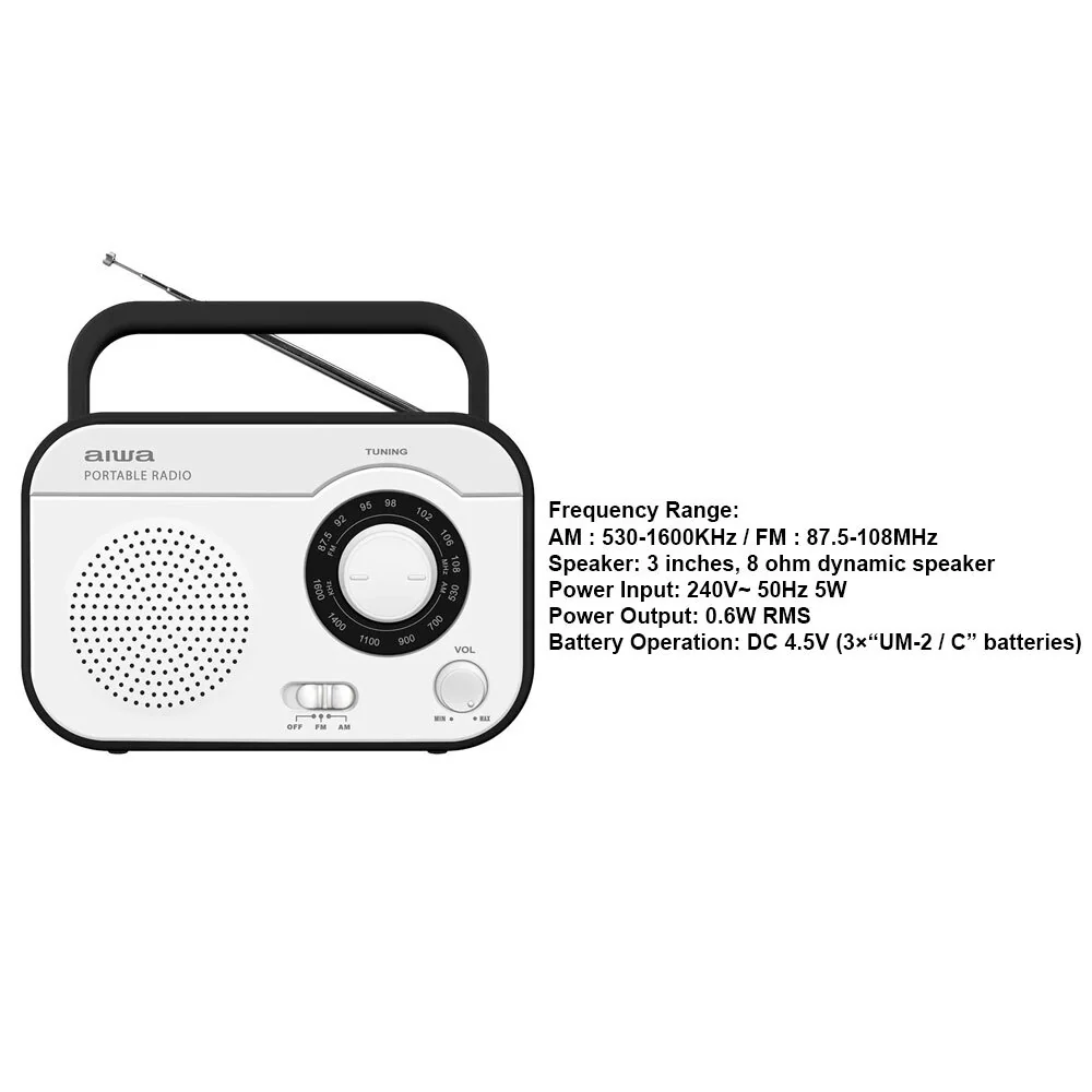 Aiwa Portable Retro Manual AM/FM C Battery Radio (White) - Image 2
