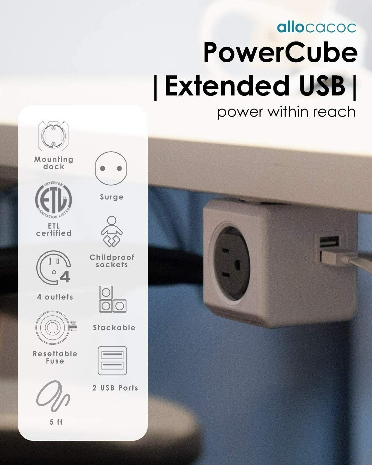 Allocacoc Powercube Extended 4 Outlets with 2 USB - 3m (Red) - Image 4