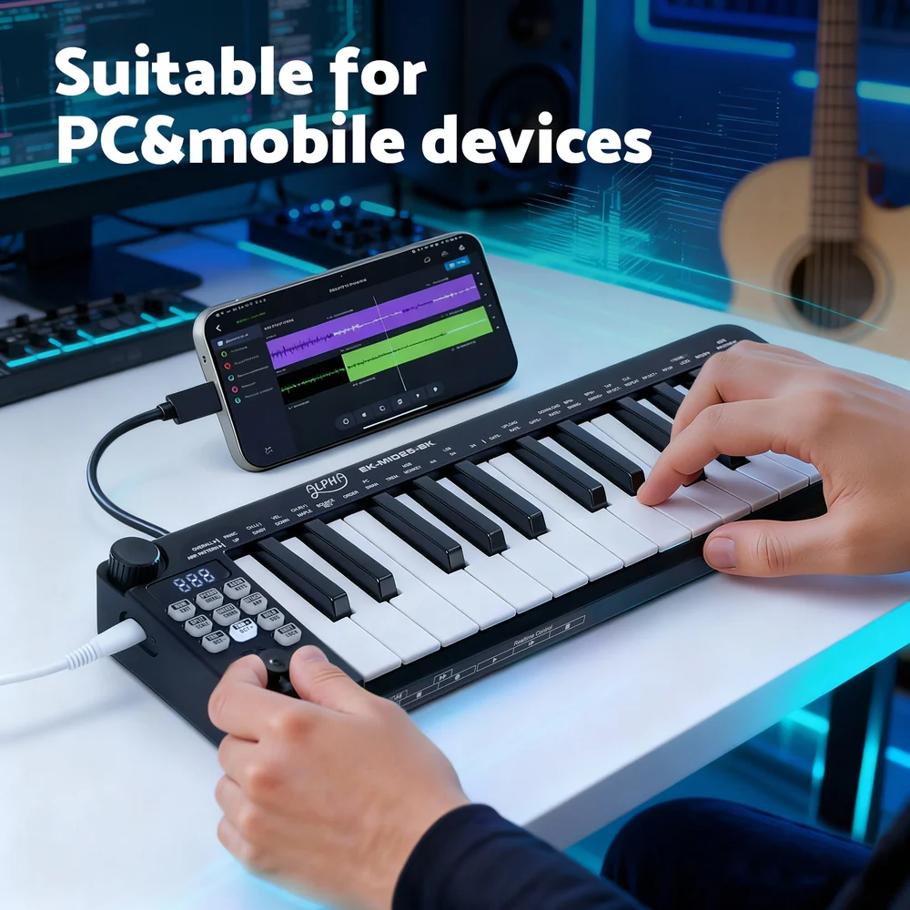 Alpha 25-Key MIDI Keyboard Controller Portable Piano USB Laptop (Black) - Image 8