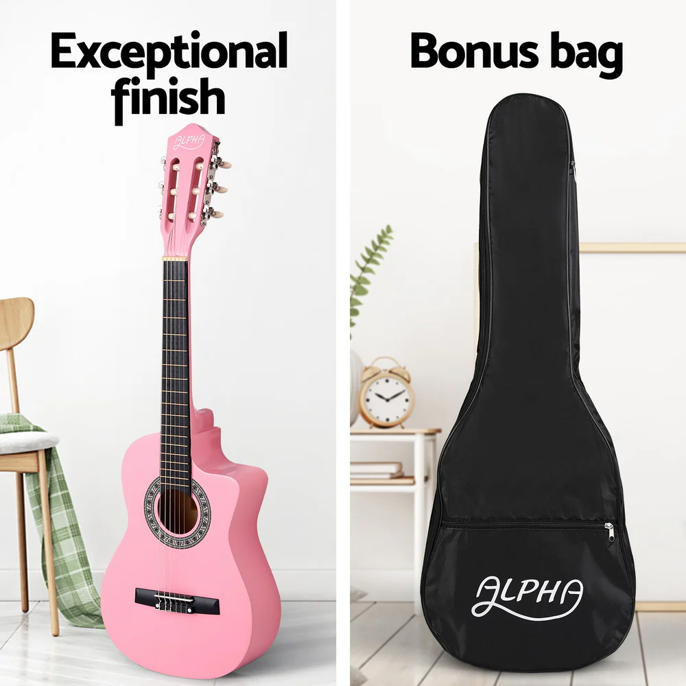 Alpha 34" Classical Guitar Wooden Body Nylon String Beginner Kids Gift (Pink) - Image 4