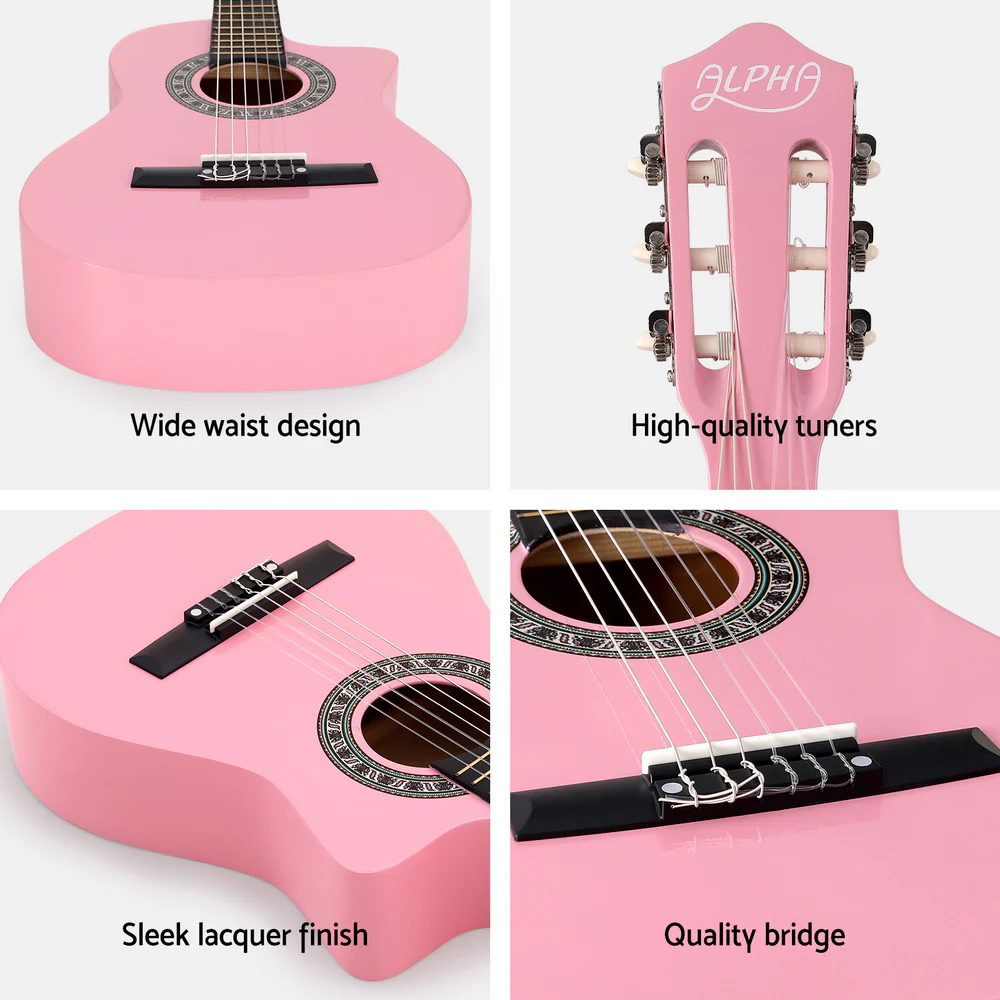 Alpha 34" Classical Guitar Wooden Body Nylon String Beginner Kids Gift (Pink) - Image 6