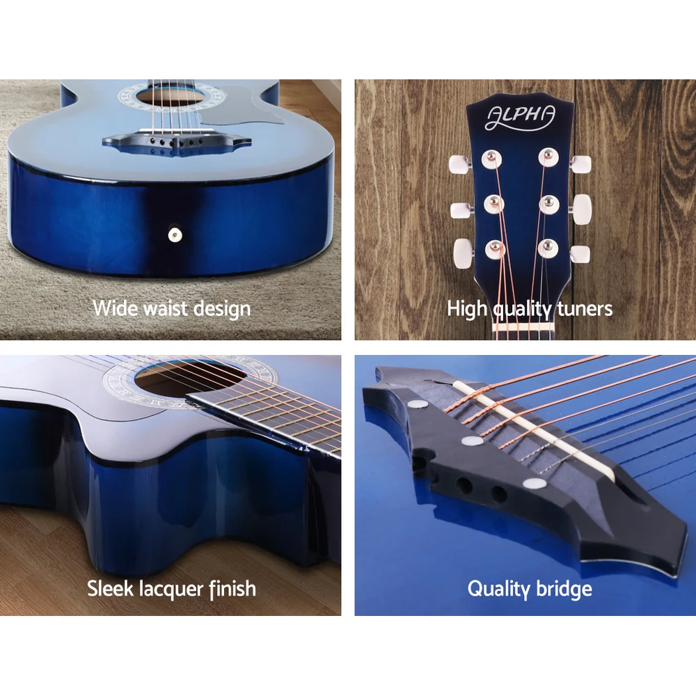 Alpha 38 Inch Acoustic Guitar Wooden Body Steel String Cutaway Blue - Image 6