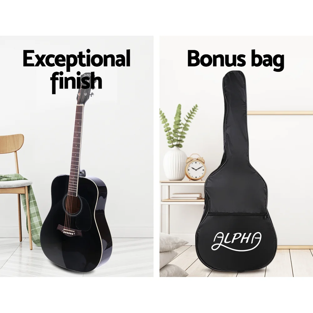 Alpha 41" Acoustic Guitar Wooden Body Steel String Dreadnought (Black) - Image 4