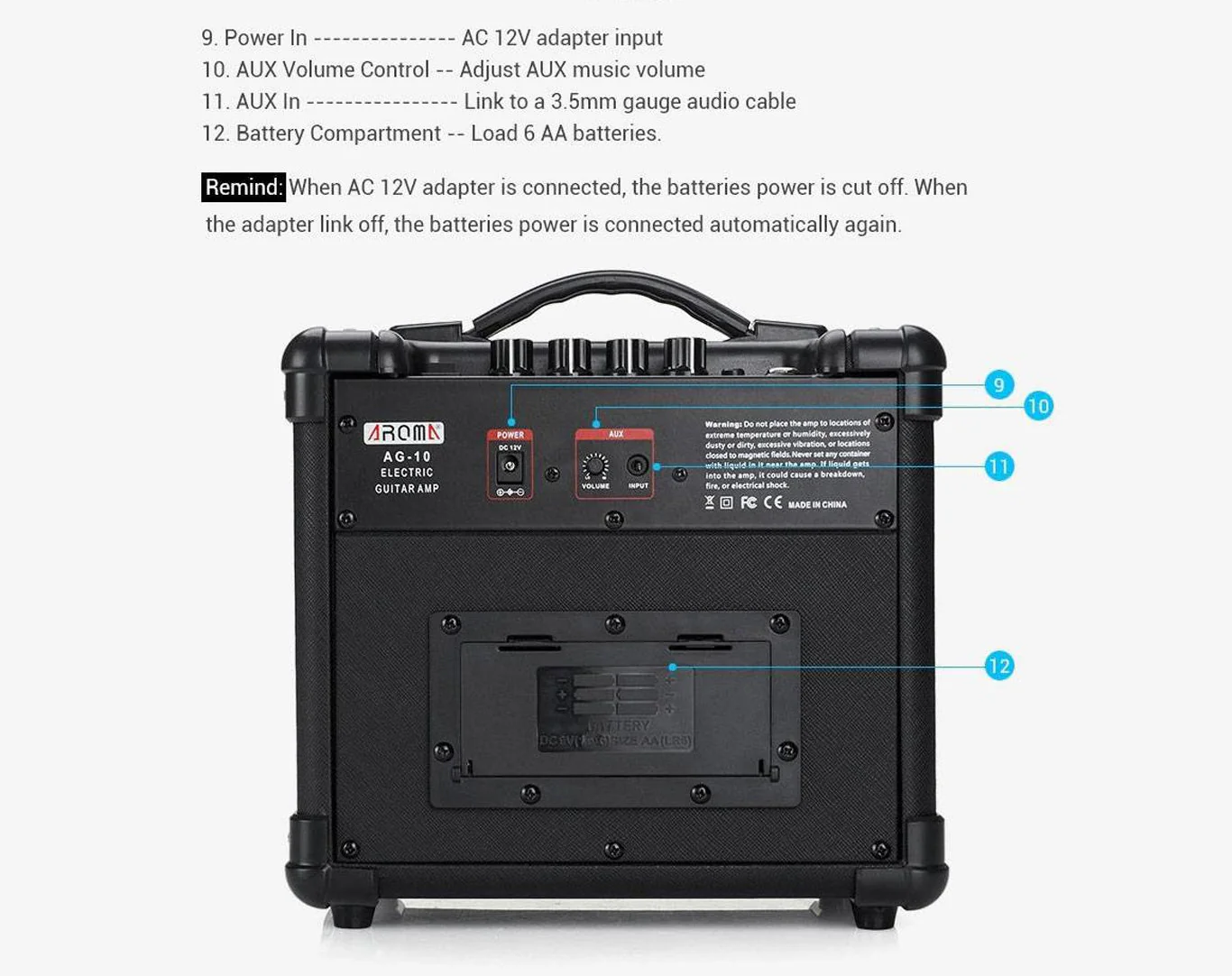Aroma 10W Portable Guitar Amplifier (Black) - Image 5