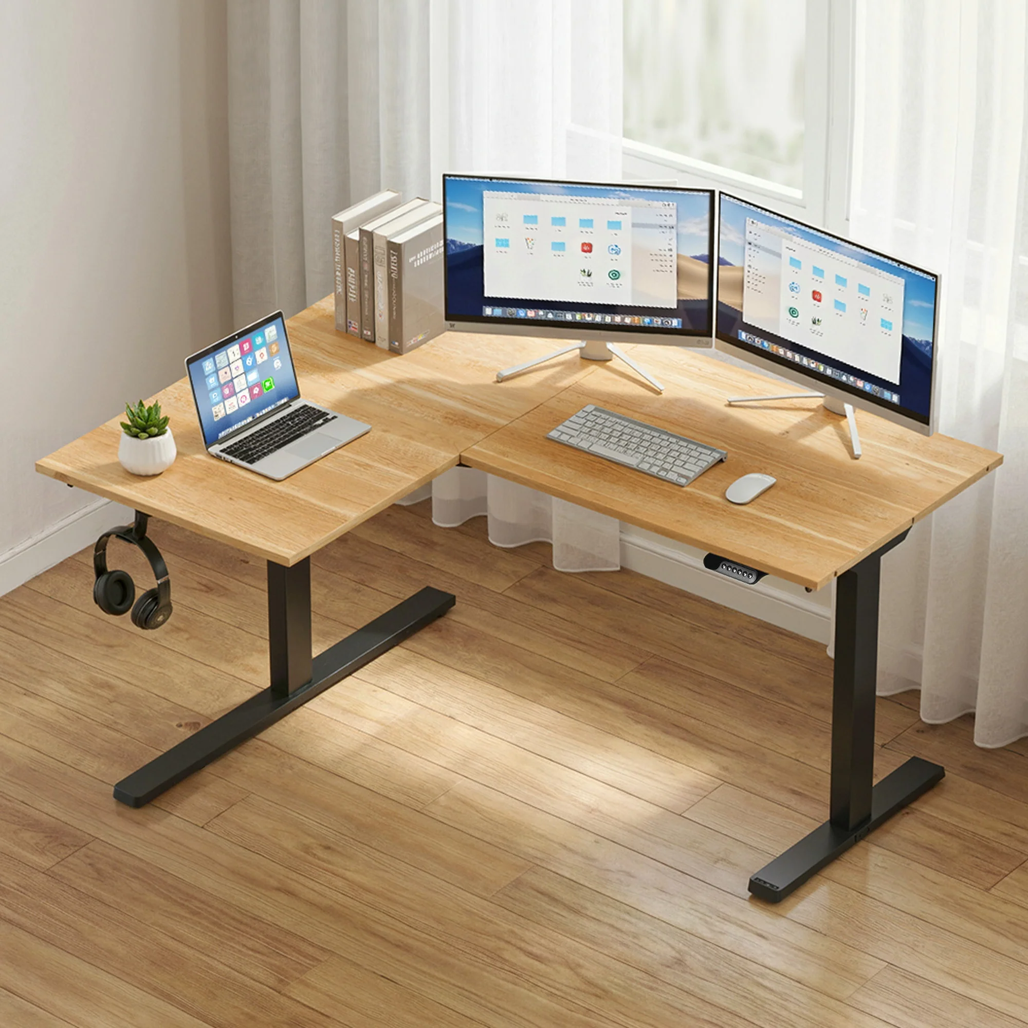 Artiss L‑Shape Electric Motorised Sit‑Stand Standing Desk Height Adjustable - Natural/Black - Image 2