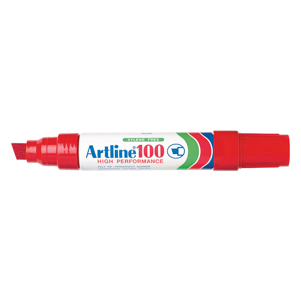 Artline 100 Box 6 Permanent Marker 12mm Chisel Tip Thick Nib (Red) - Image 2