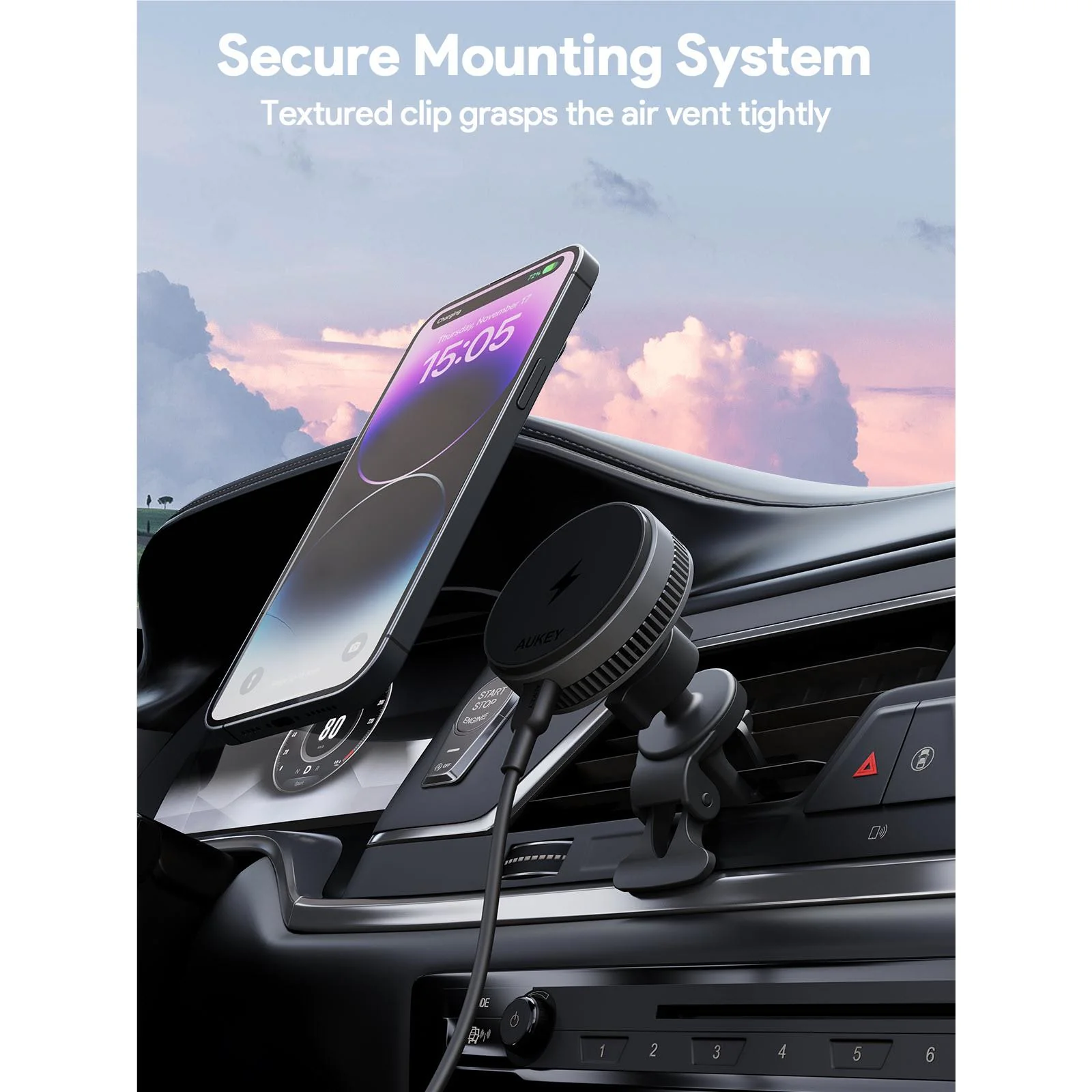 Aukey MagFusion Dash Pro Qi2 Fast Wireless Charging Phone Mount with Active Cooling - Image 4