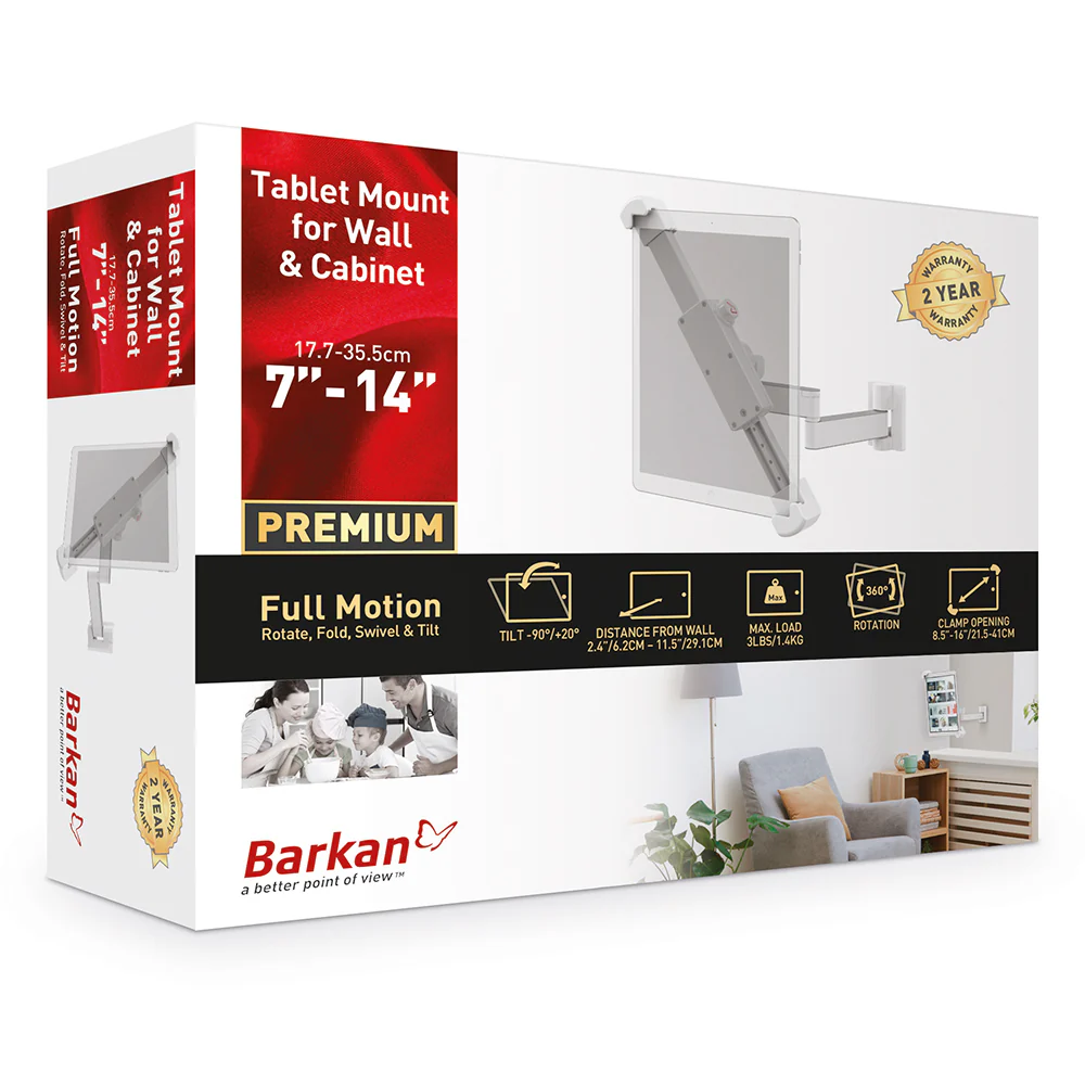 Barkan Full Motion Tablet Wall and Cabinet Mount 7–14" (White) - Image 3