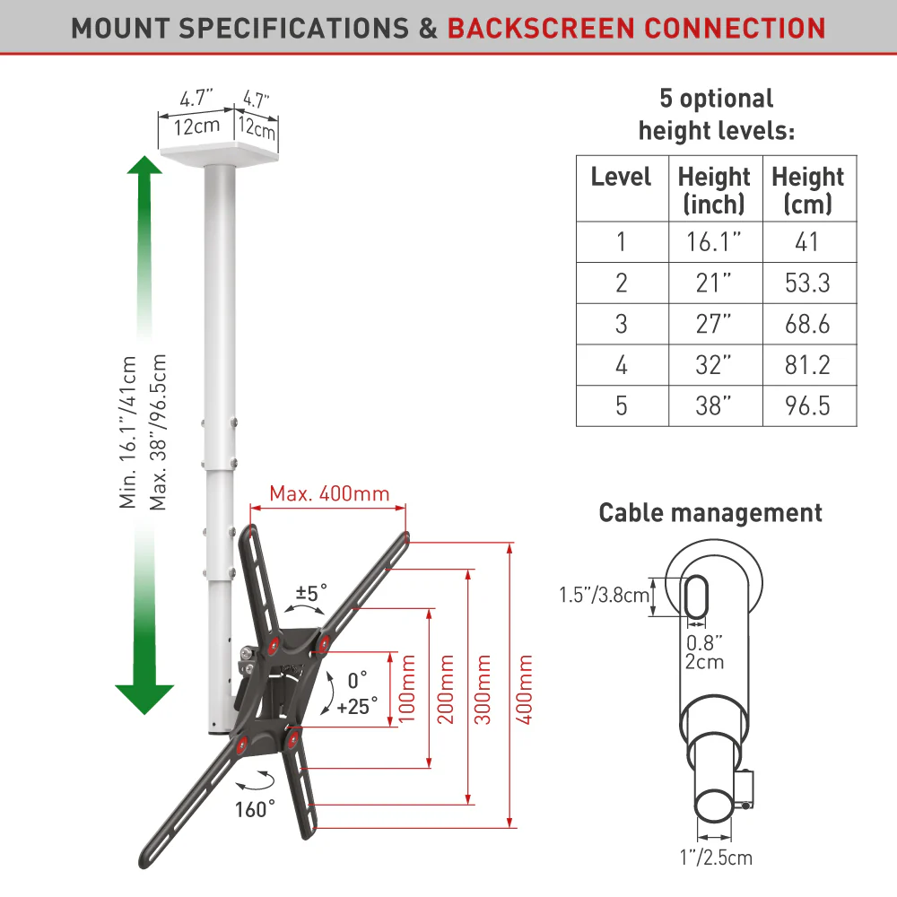 Barkan Full Motion TV Ceiling Mount, 29 - 65 Inch Size, White - Image 5