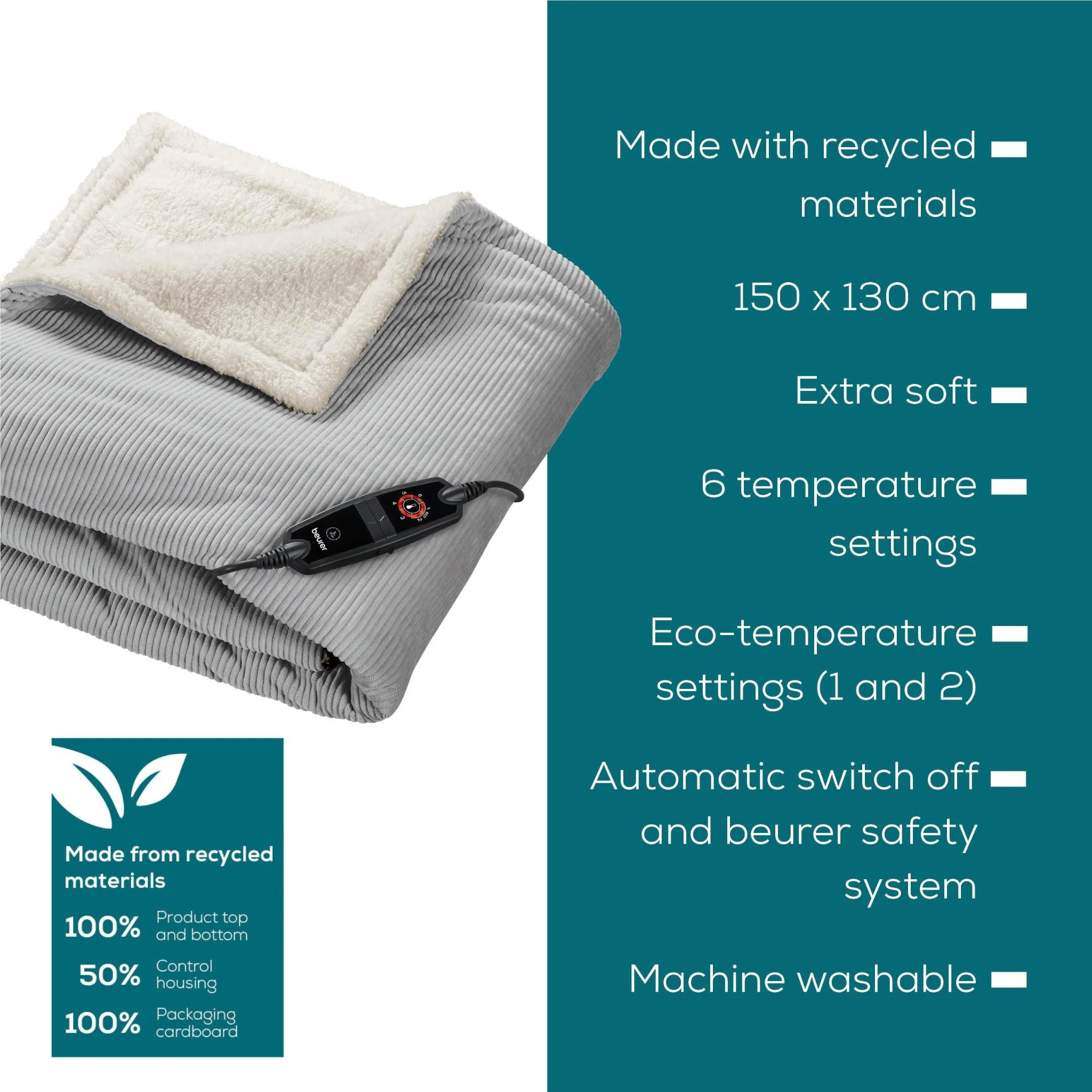 Beurer Corduroy Heated Throw (Light Grey) - Image 8
