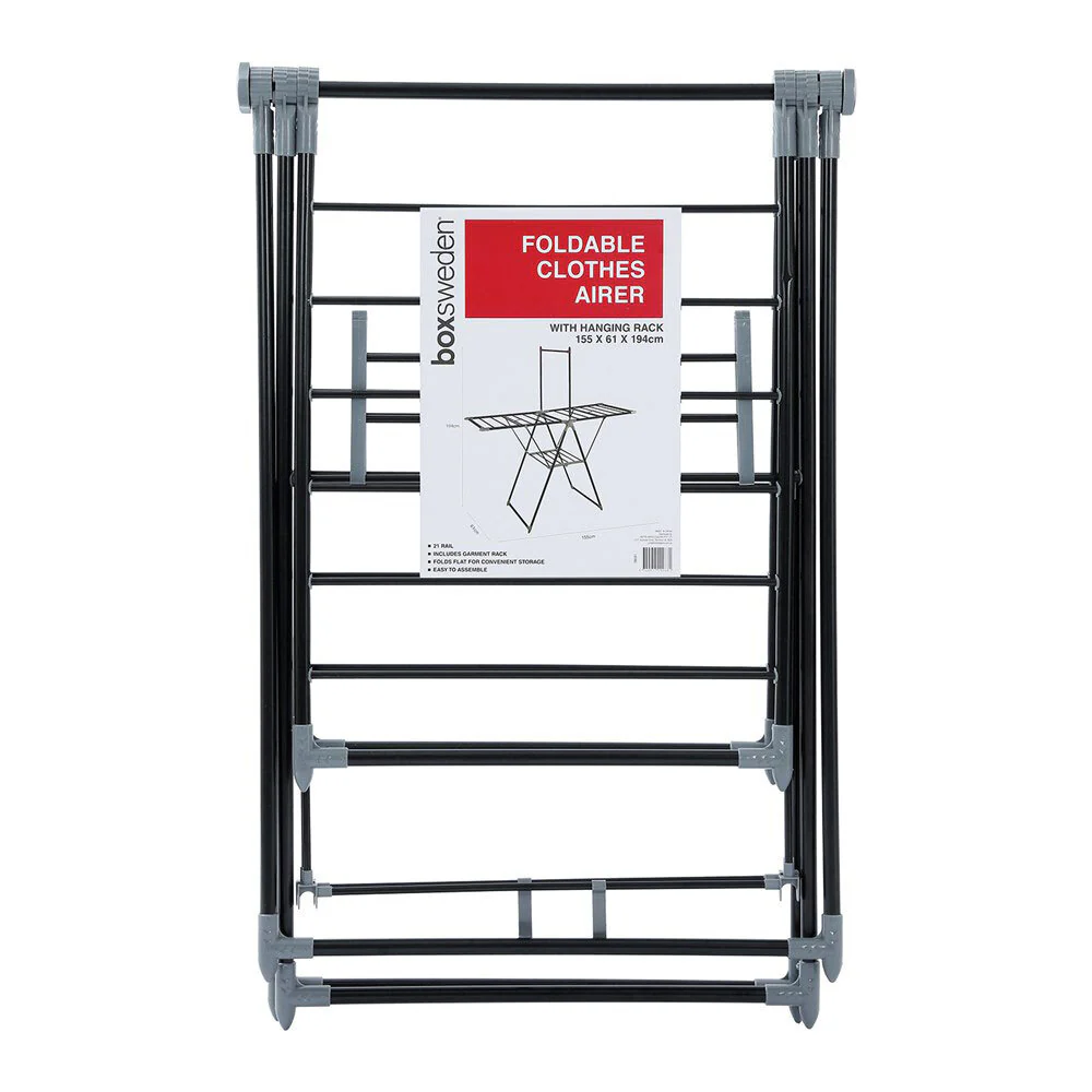 Boxsweden Foldable Clothes Airer with Hanging Rack 155x194cm (Black) - Image 5