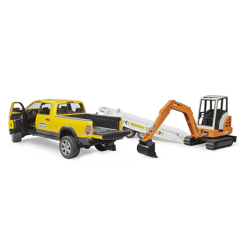 Bruder 1:16 RAM 2500 Power Wagon Rental Service With Trailer & Excavator Toy - Image 2
