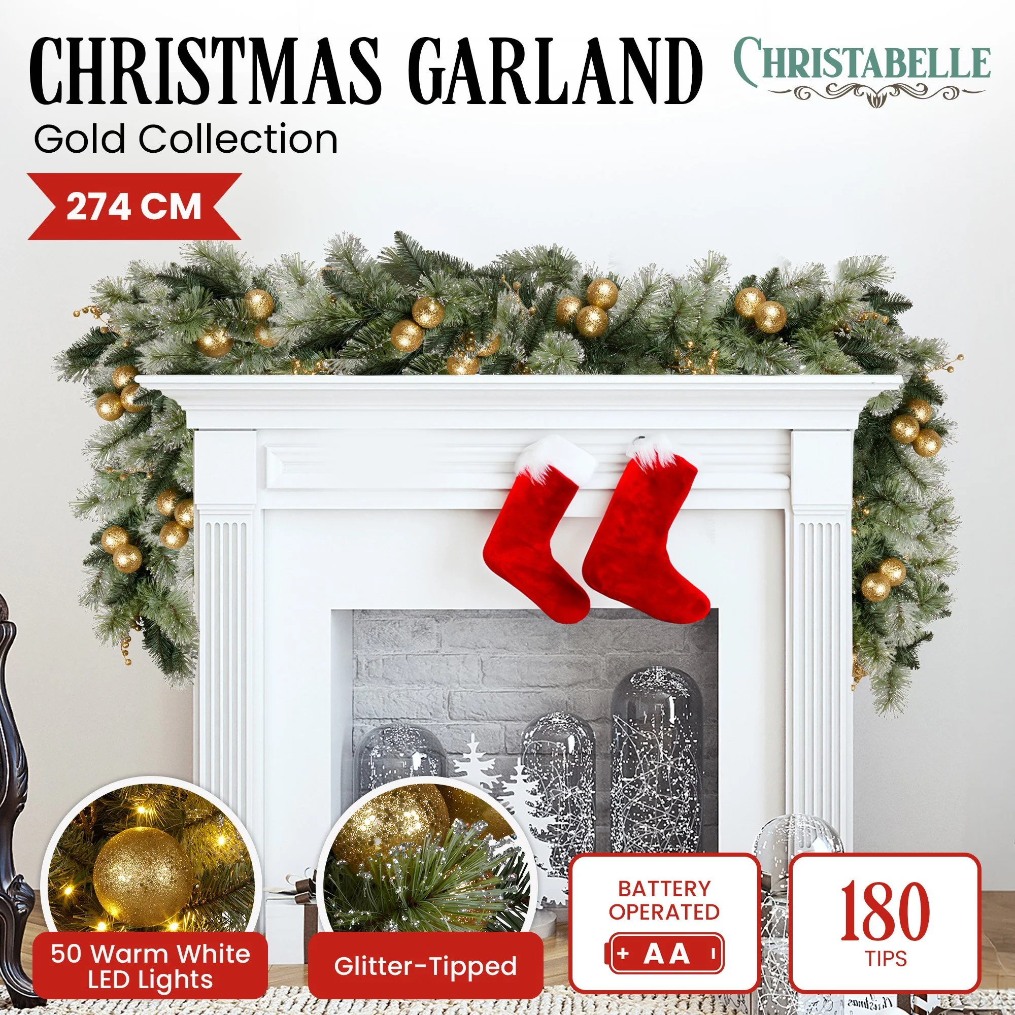 Christabelle 2.7m Christmas Garland with Gold Baubles - Image 2