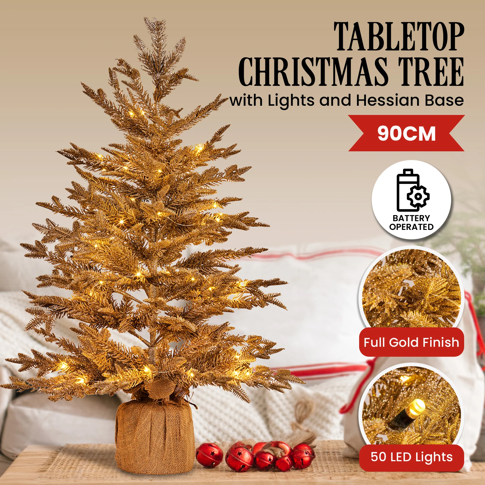 Christabelle 3ft Christmas Tree with Lights - Gold Fir in Hessian Base - Image 6