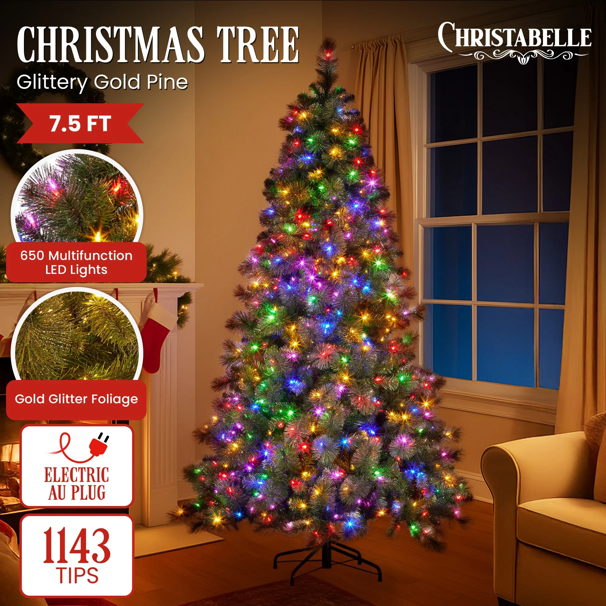 Christabelle 7.5ft Christmas Tree Glittery Gold Pine 650 LED Multi-functional Lights Xmas Decor - Image 2