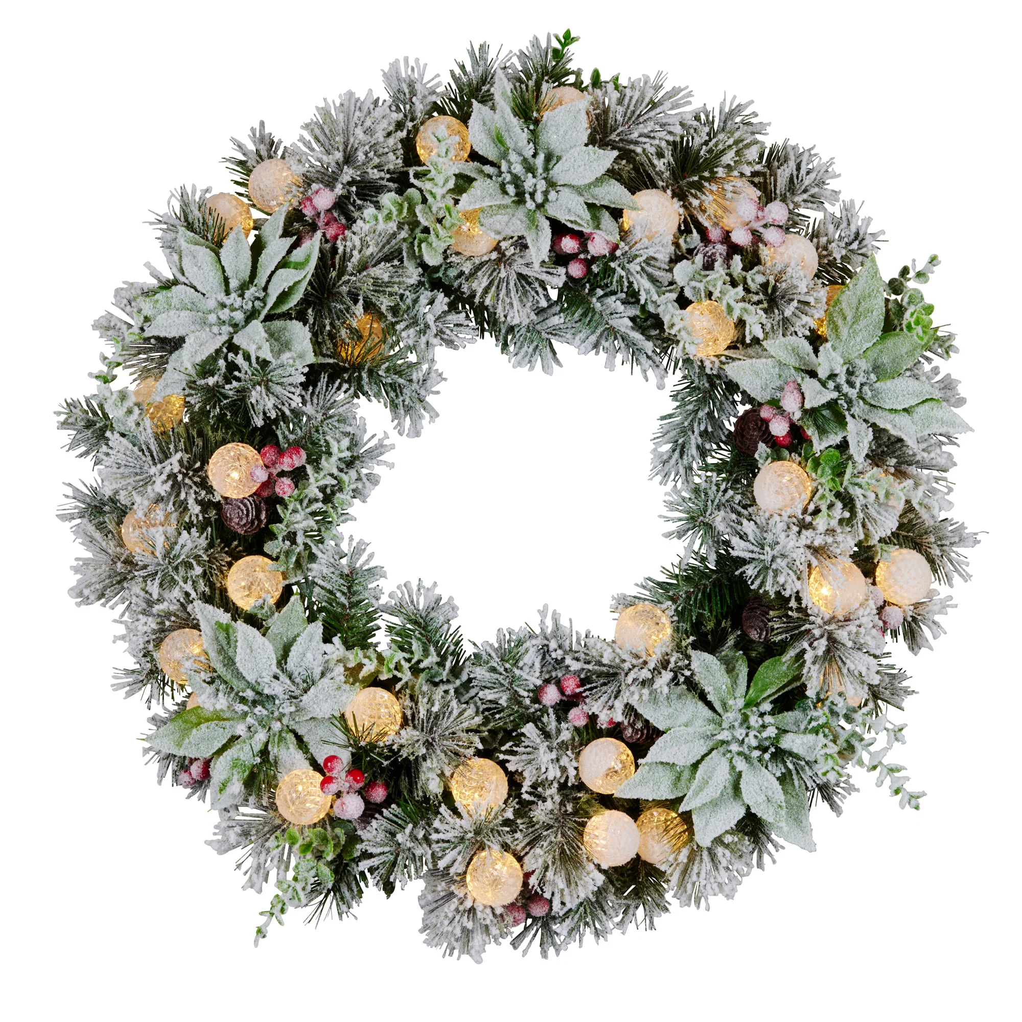 Christabelle Stunning 61cm Snowy Christmas Wreath with LED Lights Crown Pine Baubles Front Door Decoration Ornament - Image 2