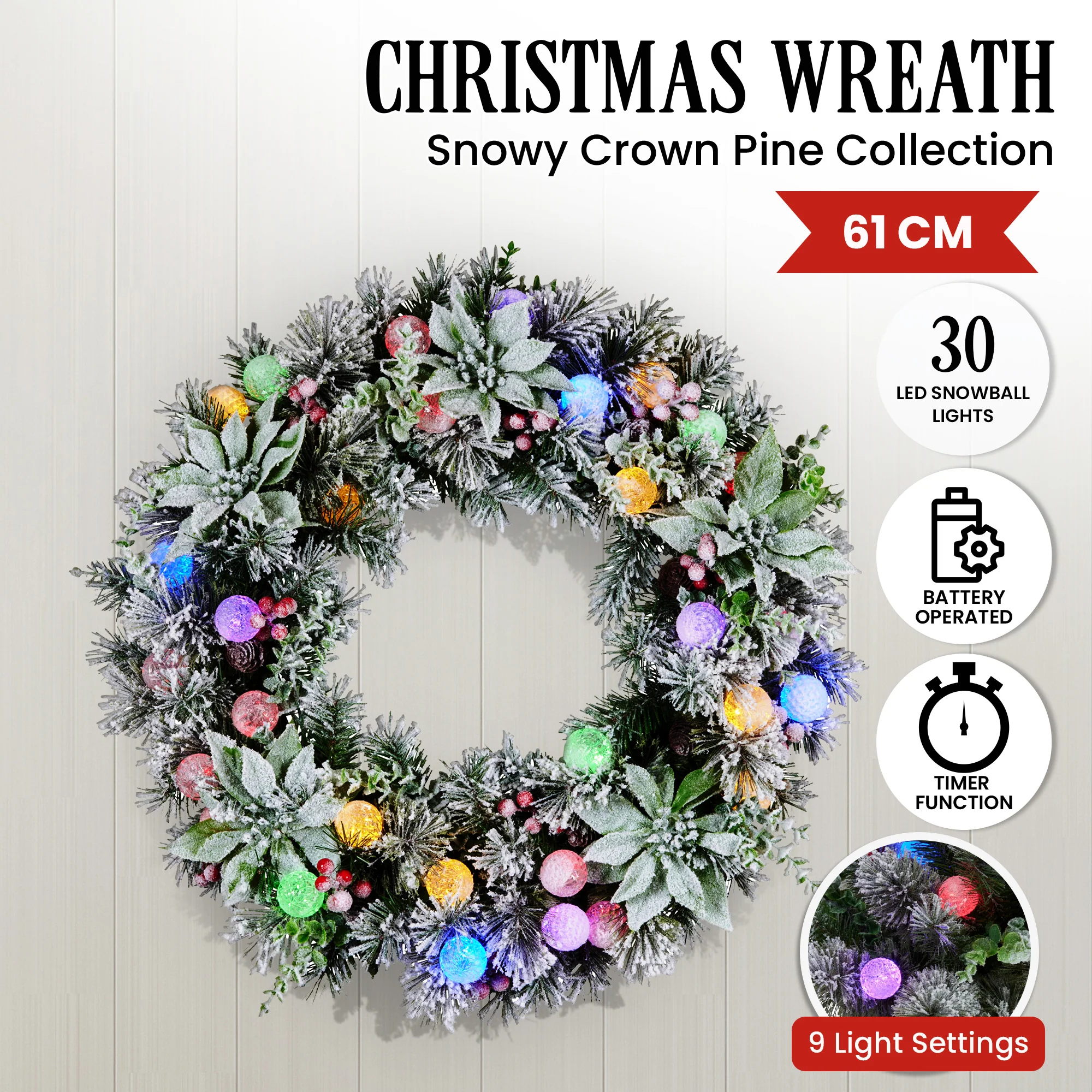 Christabelle Stunning 61cm Snowy Christmas Wreath with LED Lights Crown Pine Baubles Front Door Decoration Ornament - Image 3