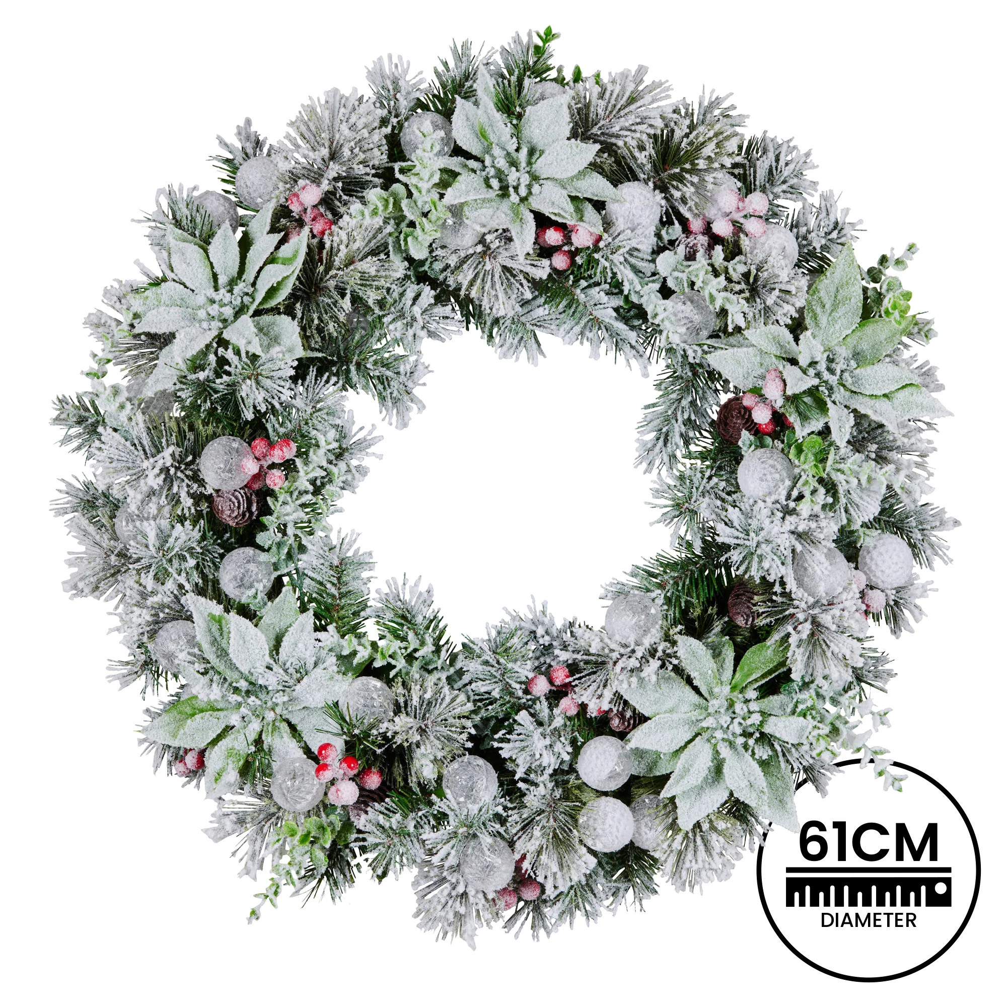 Christabelle Stunning 61cm Snowy Christmas Wreath with LED Lights Crown Pine Baubles Front Door Decoration Ornament - Image 5