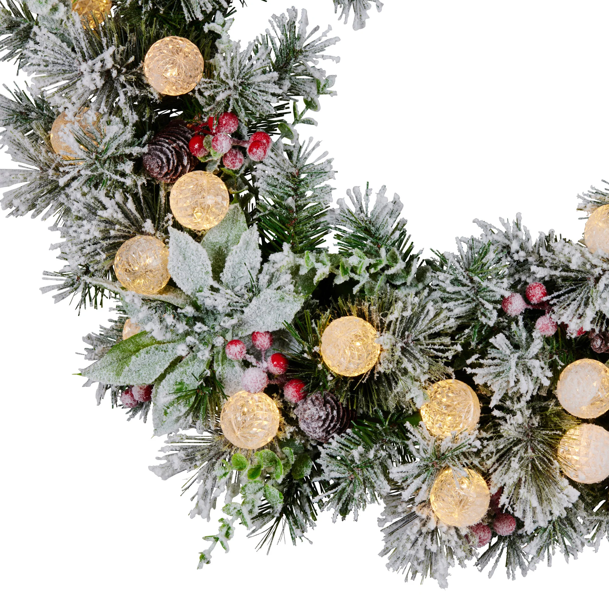 Christabelle Stunning 61cm Snowy Christmas Wreath with LED Lights Crown Pine Baubles Front Door Decoration Ornament - Image 6