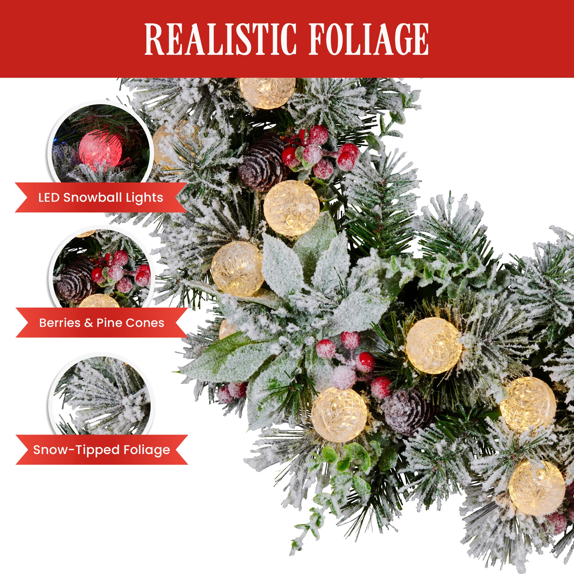 Christabelle Stunning 61cm Snowy Christmas Wreath with LED Lights Crown Pine Baubles Front Door Decoration Ornament - Image 8