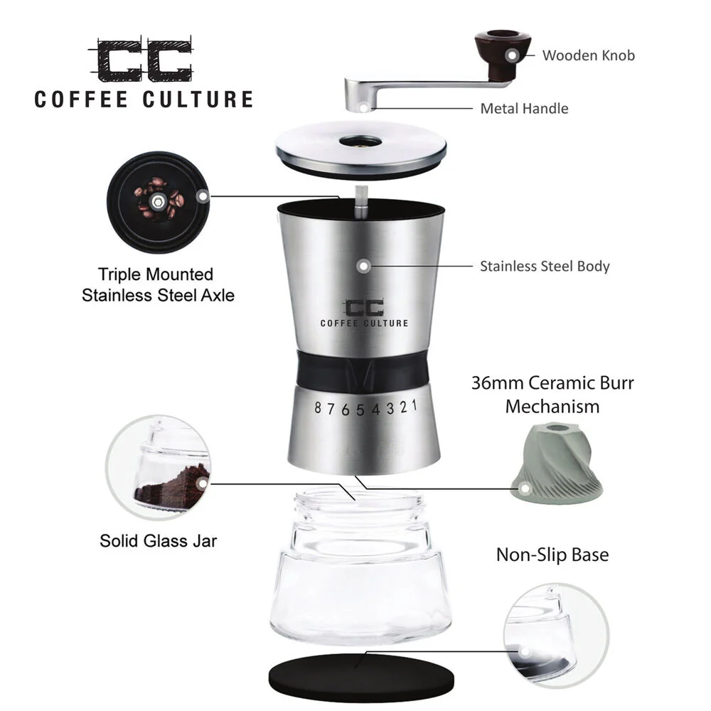 Coffee Culture Premium Stainless Steel Hand Burr Manual Coffee Grinder (Silver) - Image 2