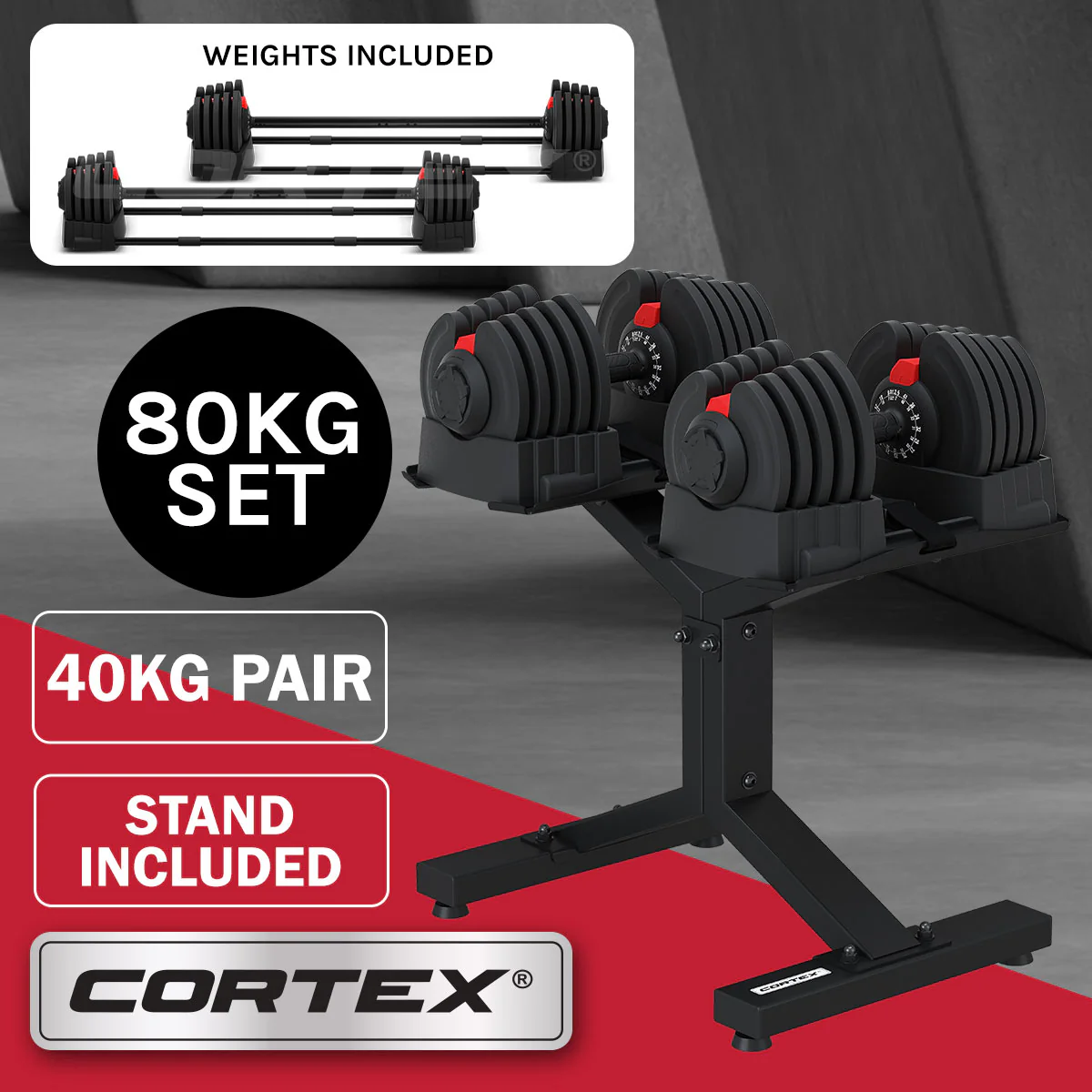 CORTEX Revolock V2 80kg Adjustable Dumbbell Pair with Stand - Image 2