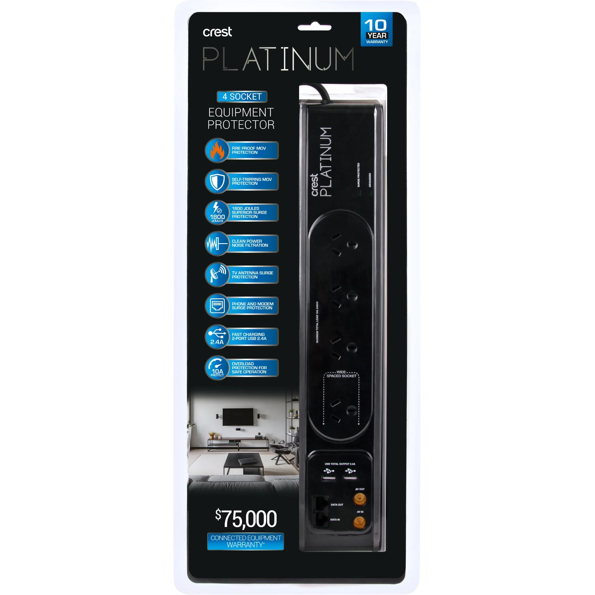 Crest Platinum 4 Socket Equipment Protector w/ TV & Data Protection Power Board - Image 3