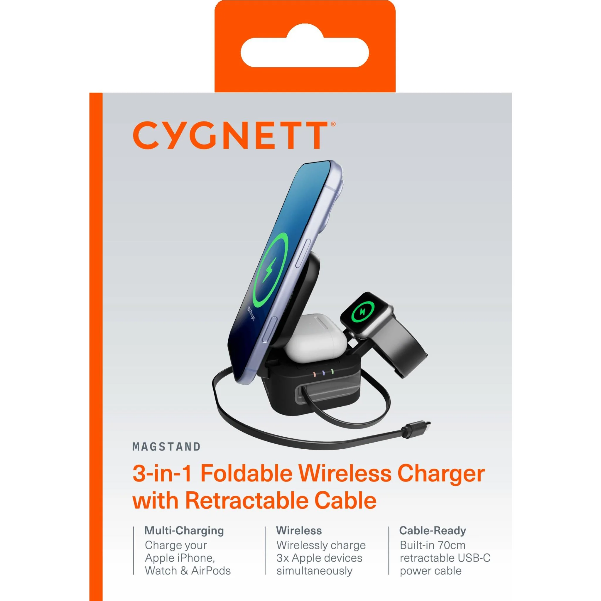 Cygnett ChargeBase Wireless 3-in-1 Charger with Retractable USB-C Cable (Black) - Image 8