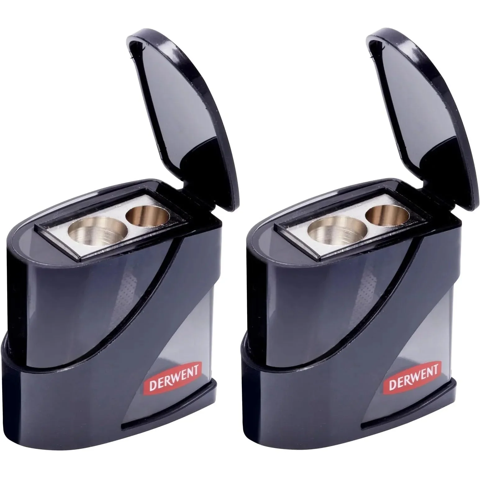 Derwent Twin Hole Sharpener Metal with Lid Container 2 Pack