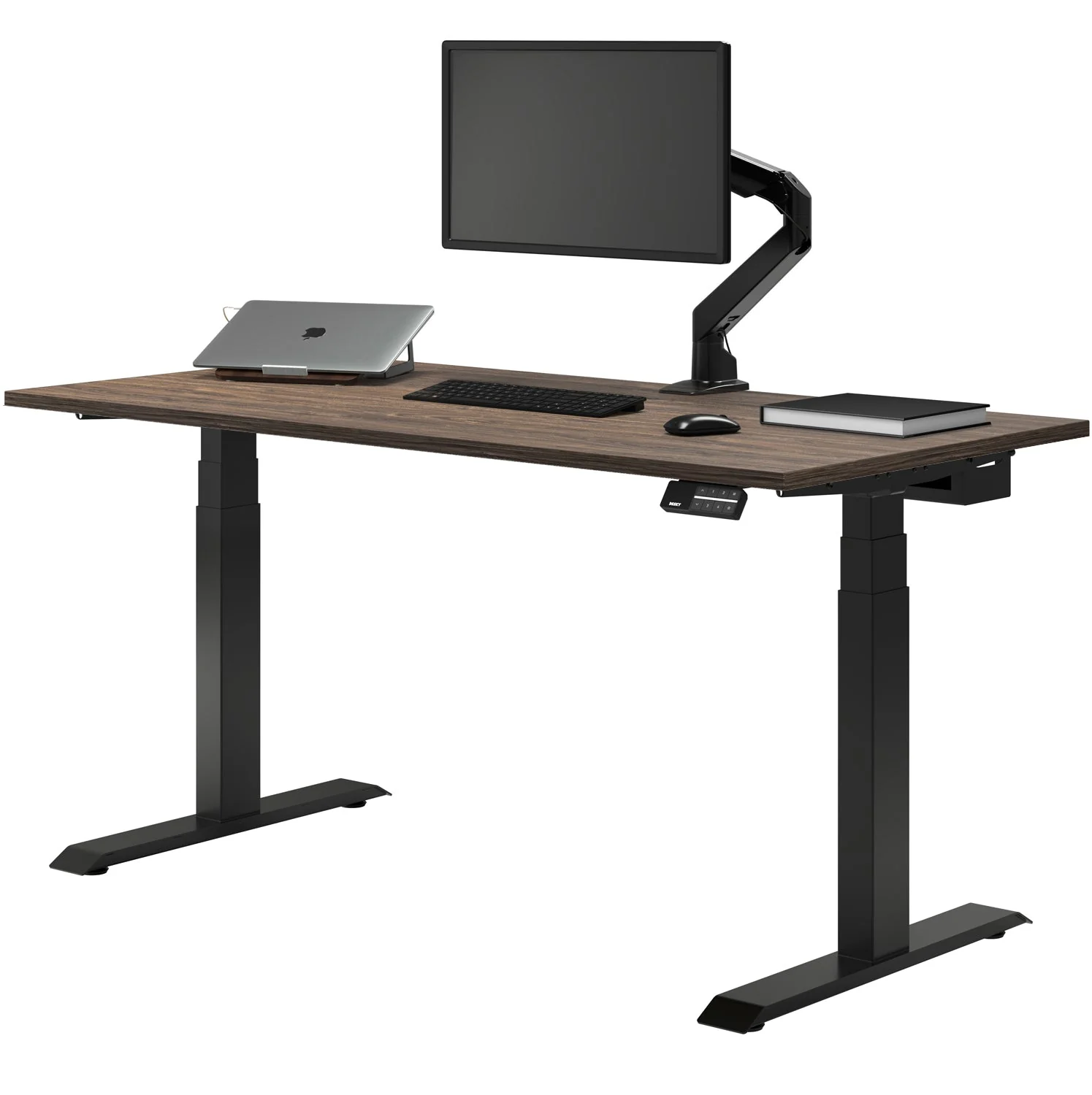 Desky Dual Melamine Sit Stand Desk 120cm Natural Walnut Desktop and Matte Black Frame