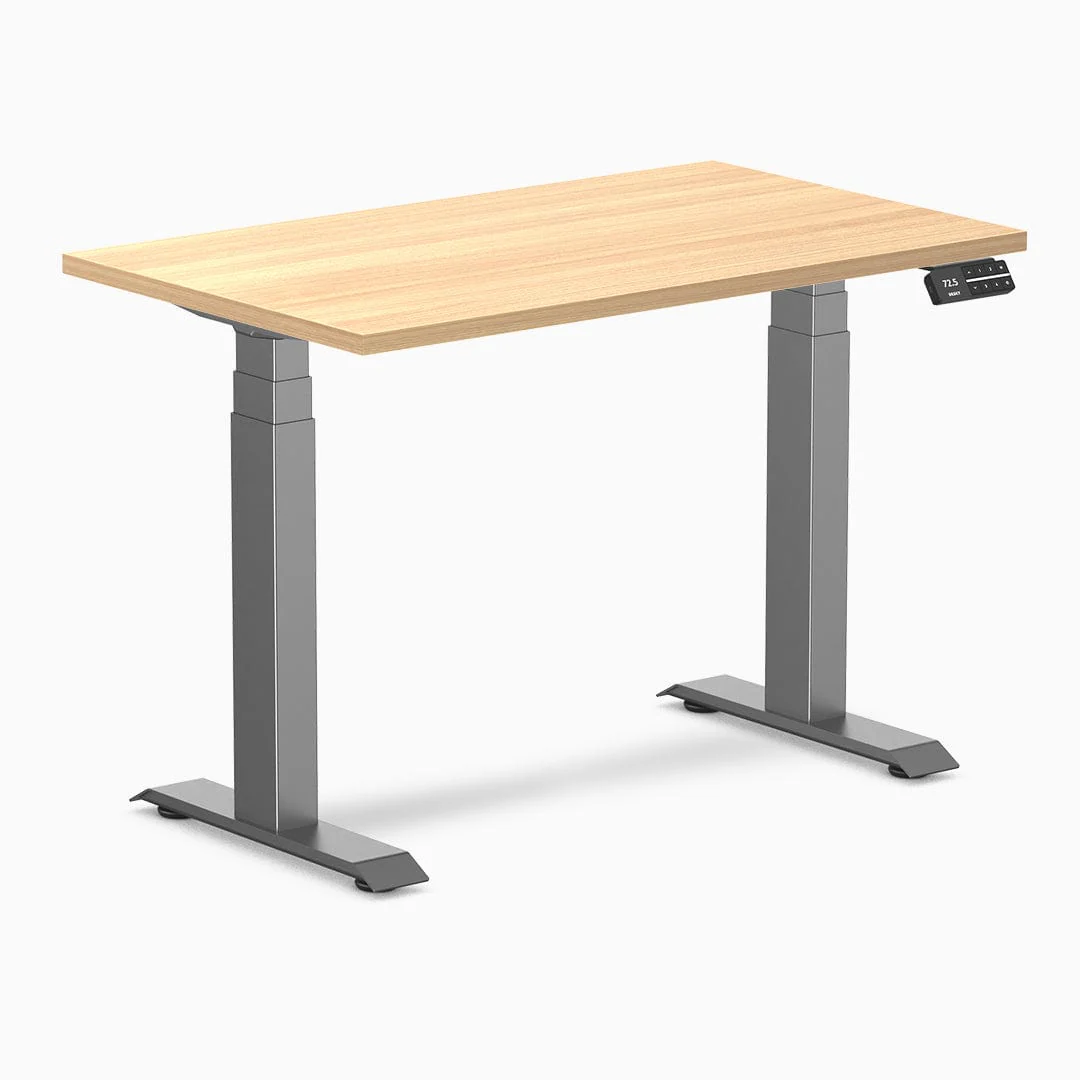 Desky Dual Mini Hardwood Sit Stand Desk 100cm Teak Desktop and Space Grey Frame - Image 3