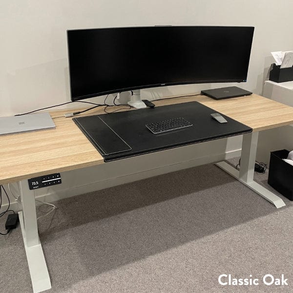 Desky Dual Scalloped Melamine Sit Stand Desk 1500x750mm (Classic Oak/Grey) - Image 3
