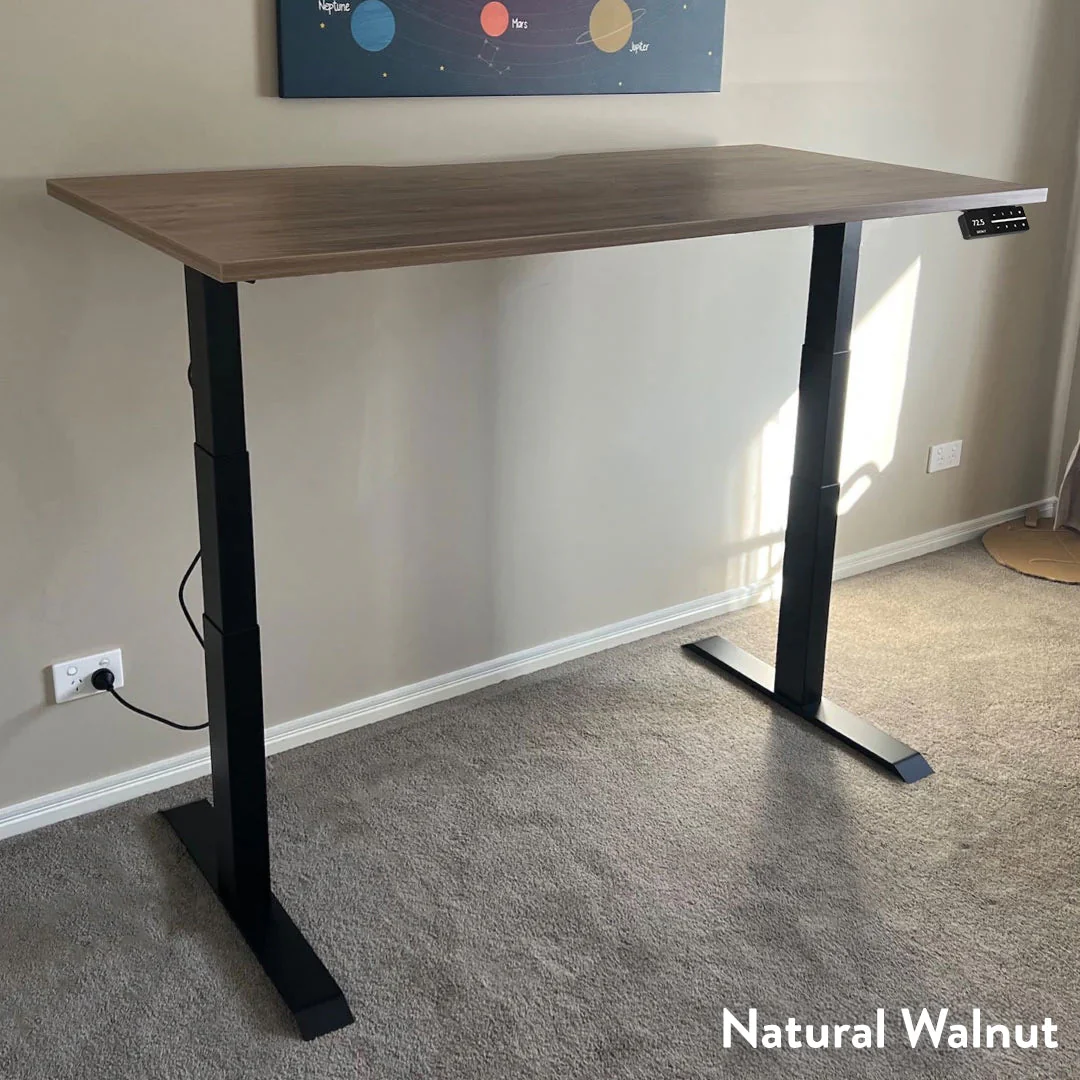 Desky Dual Scalloped Melamine Sit Stand Desk 1800x750mm (Natural Walnut/Grey) - Image 3