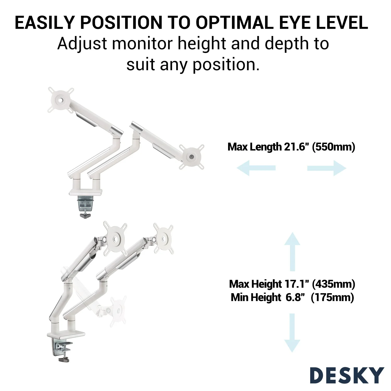 Desky Dual Slim Aluminium Monitor Arm - White - Image 5