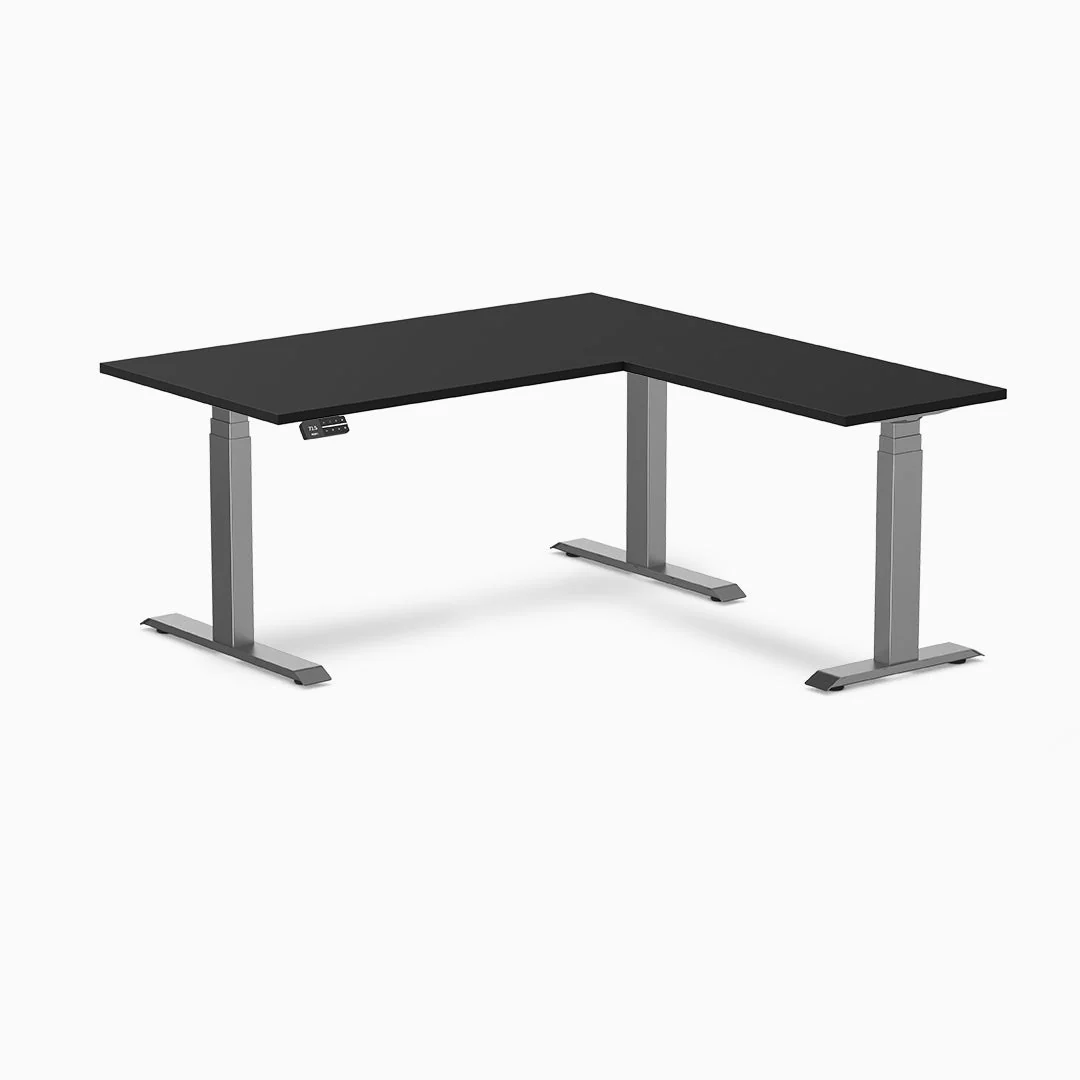 Desky Eco L-Shape Melamine Sit Stand Desk 150 x 155 cm Black Top and Space Grey Leg - Image 3