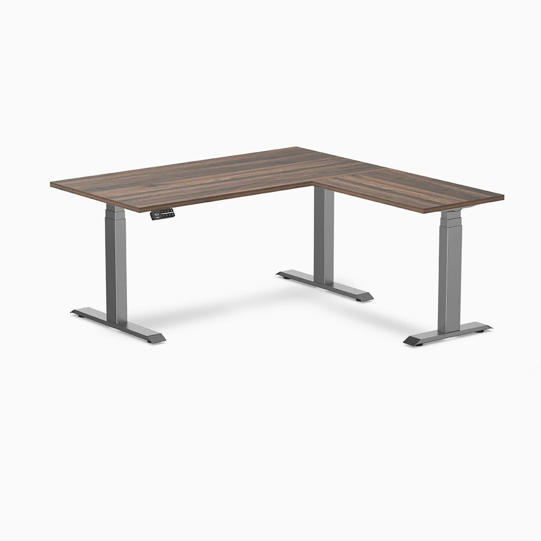 Desky Eco L-Shape Melamine Sit Stand Desk 150 x 155 cm Jarrah Legno Top and Space Grey Leg - Image 4