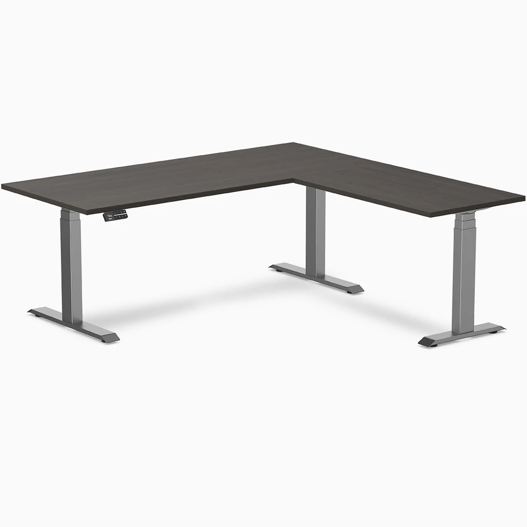 Desky Eco L-Shape Melamine Sit Stand Desk 180 x 175 cm Burnished Wood Top and Space Grey Leg - Image 2