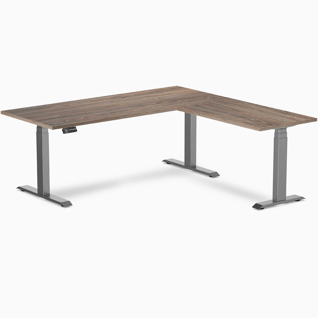 Desky Eco L-Shape Melamine Sit Stand Desk 180 x 175 cm Natural Walnut Top and Space Grey Leg - Image 3