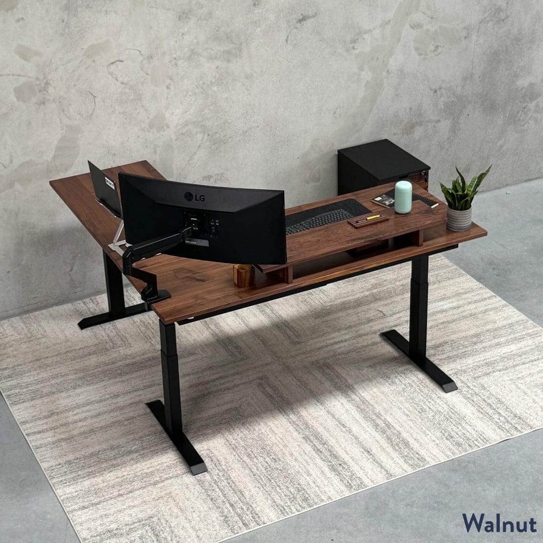 Desky Hardwood L-Shape Sit Stand Desk 150 x 155 cm Maple Top and Matte Black Leg - Image 2
