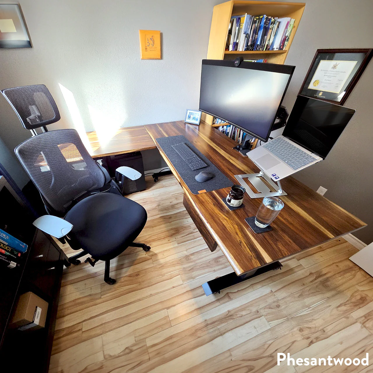 Desky Hardwood L-Shape Sit Stand Desk 150x155cm (Pheasantwood/Space Grey) - Image 3