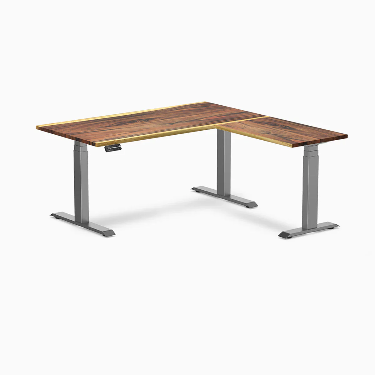 Desky Hardwood L-Shape Sit Stand Desk 150x155cm Saman and Space Grey Leg - Image 3