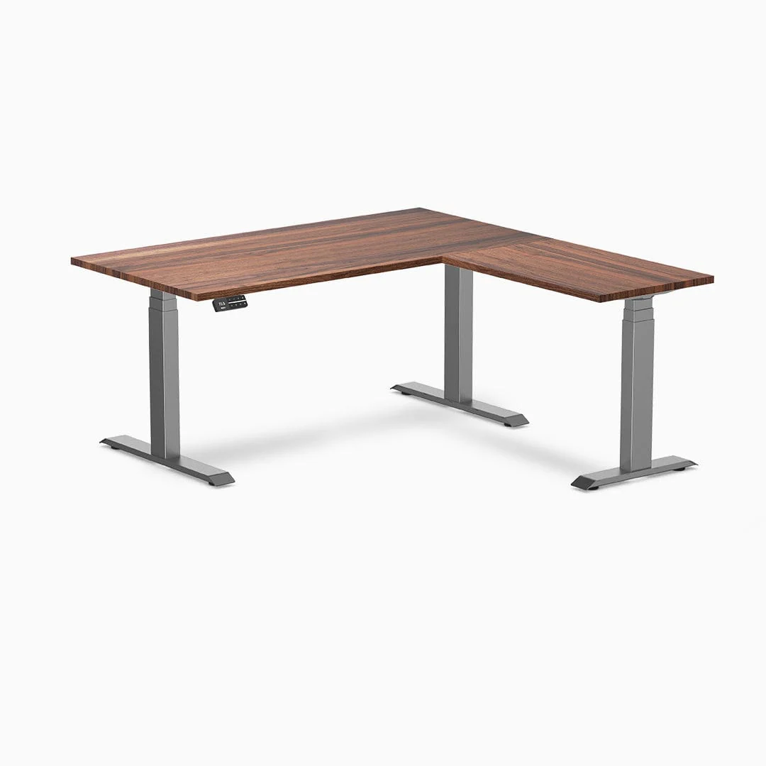 Desky Hardwood L-Shape Sit Stand Desk 150x155cm Walnut and Space Grey Leg - Image 3
