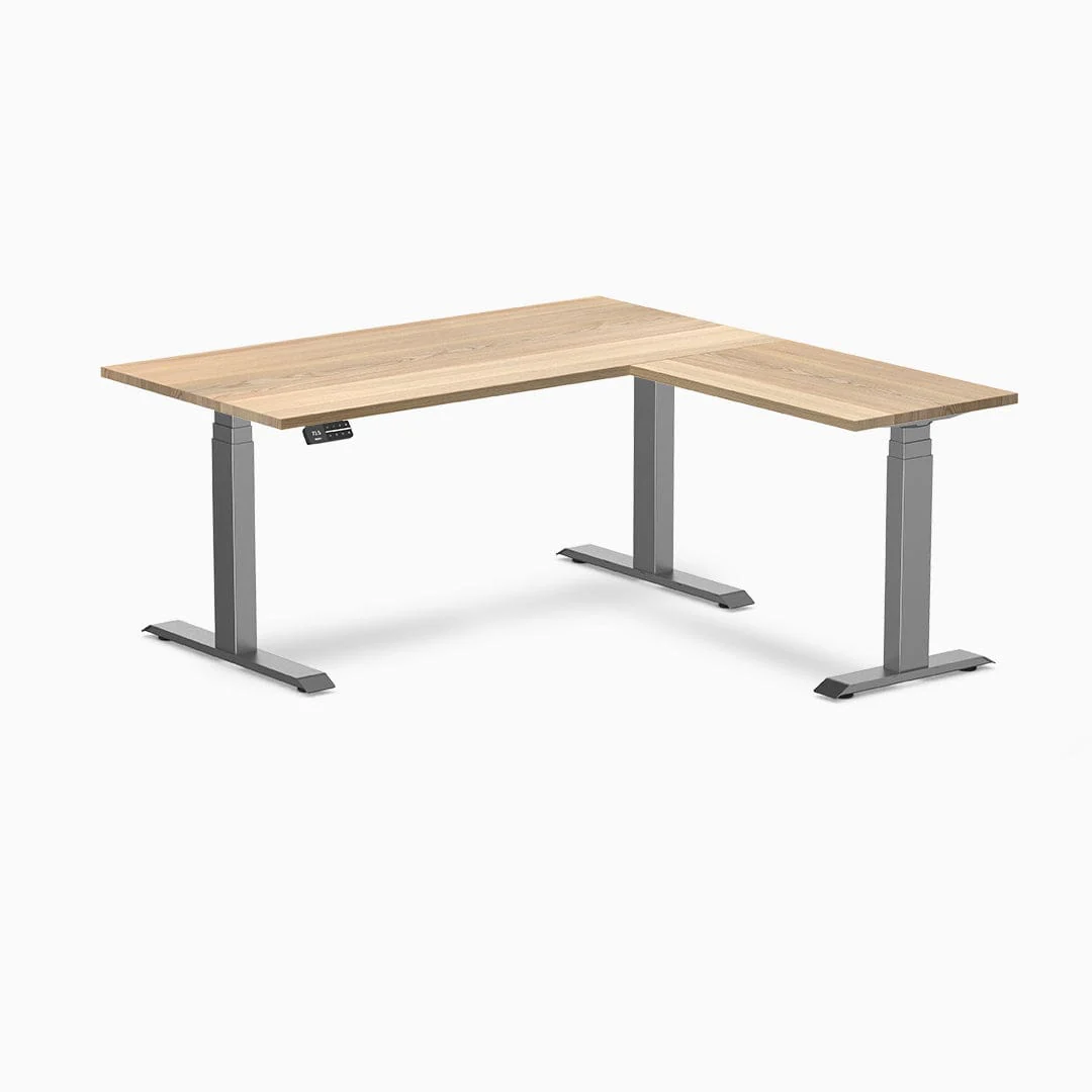 Desky Hardwood L-Shape Sit Stand Desk 150x155cm White Ash and Space Grey Leg - Image 3