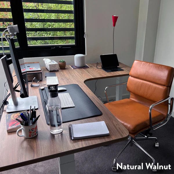 Desky L-Shape Melamine Sit Stand Desk 160cm - Left Return Natural Walnut Top and Space Grey Leg - Image 2