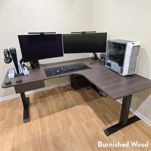 Desky L-Shape Melamine Sit Stand Desk 180cm - Left Return Burnished Wood Top and Matte Black Leg - Image 2