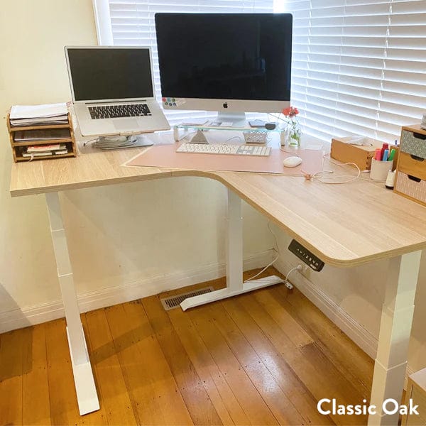 Desky L-Shape Melamine Sit Stand Desk 180cm - Left Return Classic Oak Top and Space Grey Leg - Image 4